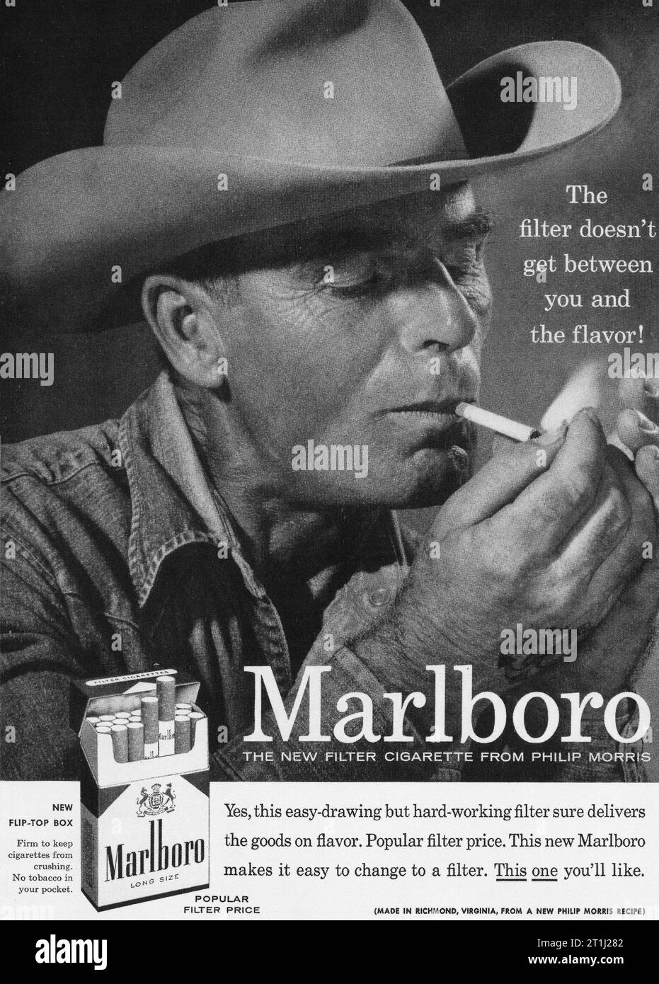 1955 Marlboro Man Ad. Marlboro Cowboy Smoking Marlboro Cigarettes Photo Advert Stock Photo