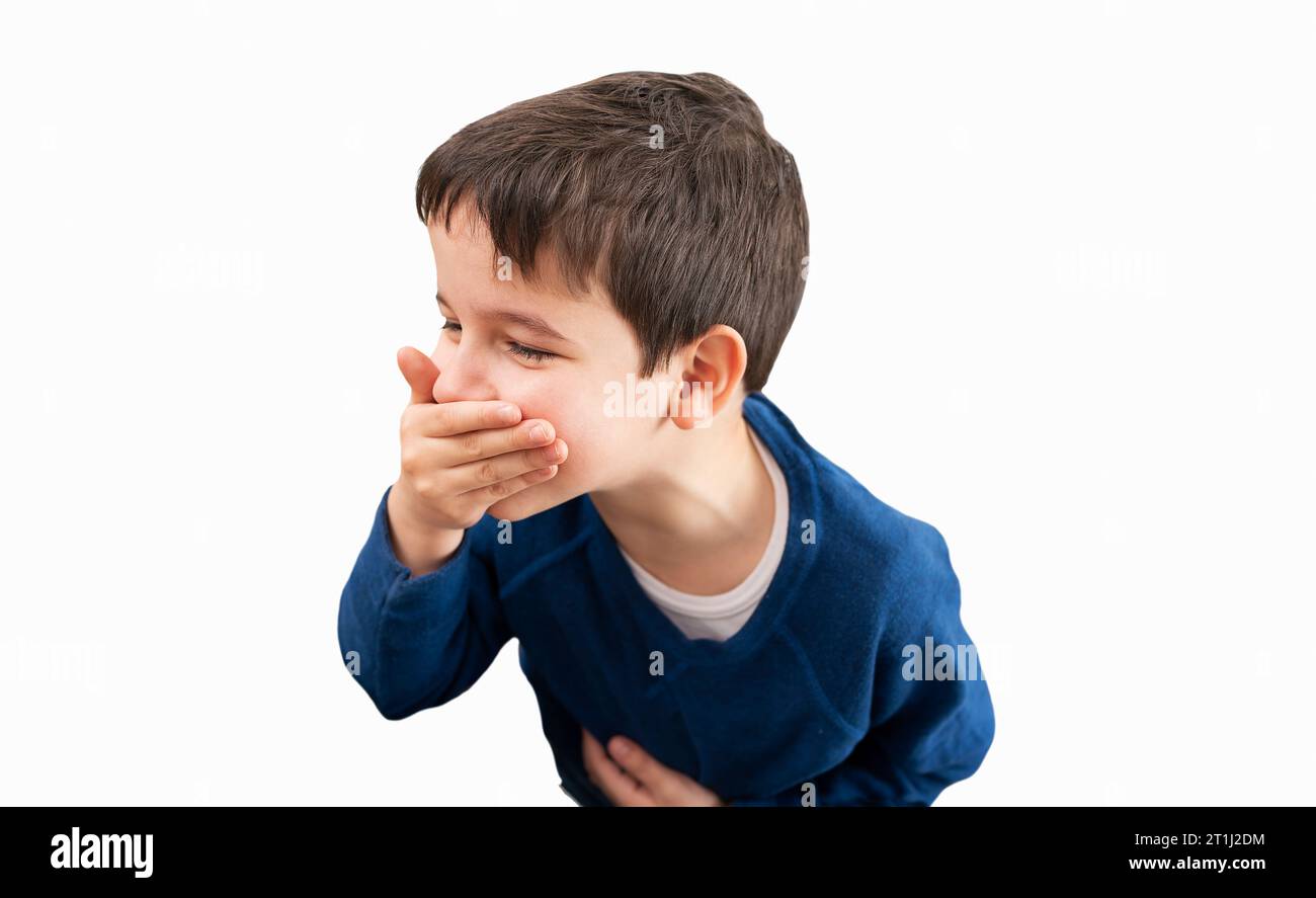 Stressed child with a stomach ache about to vomit with white background