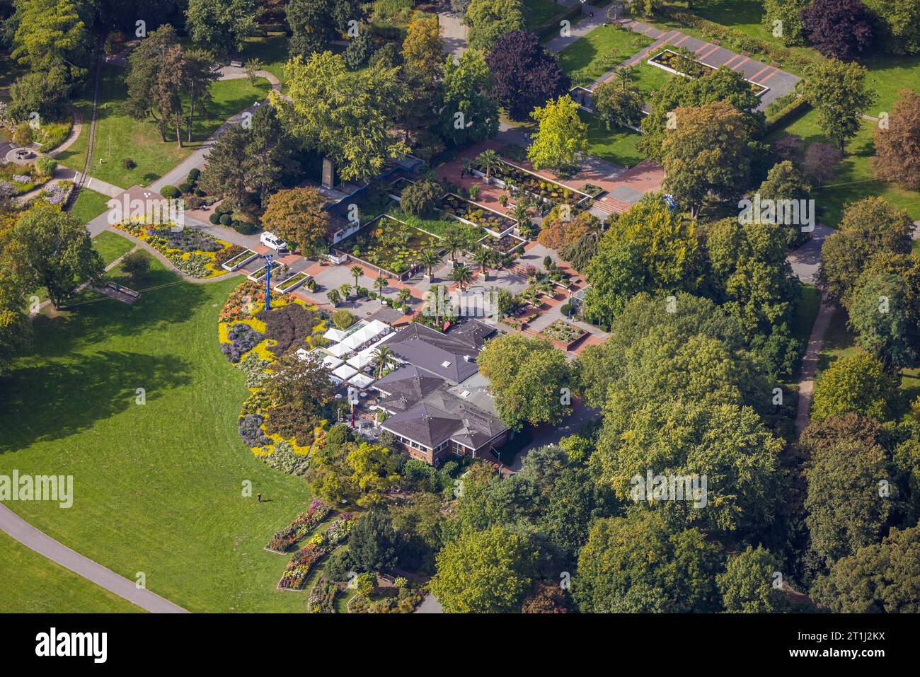 Luftbild, Westfalenpark, An den Wasserbecken Restaurant und