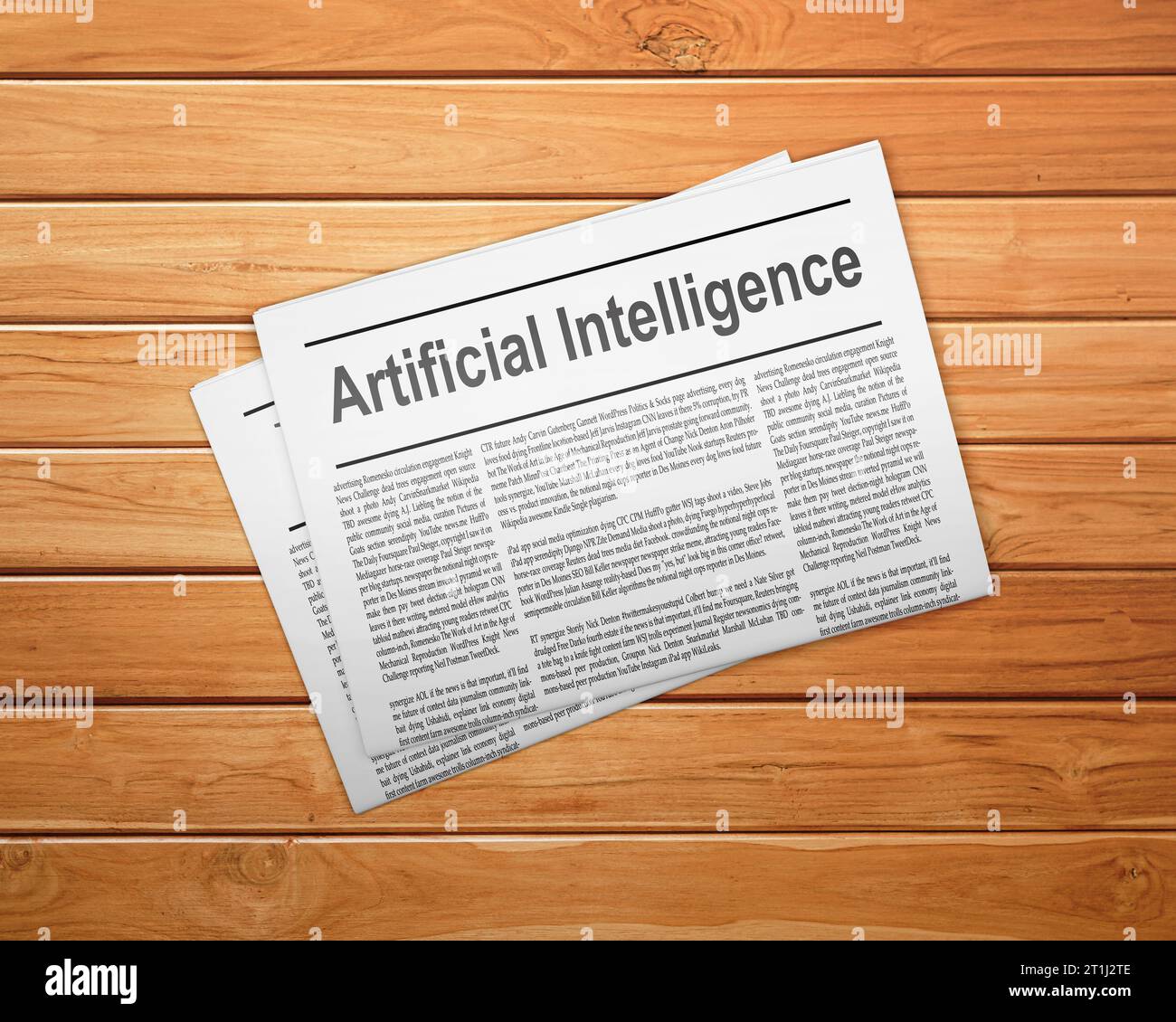 A newspaper on a wooden desk, newspaper with the headline Artificial Intelligence Stock Photo