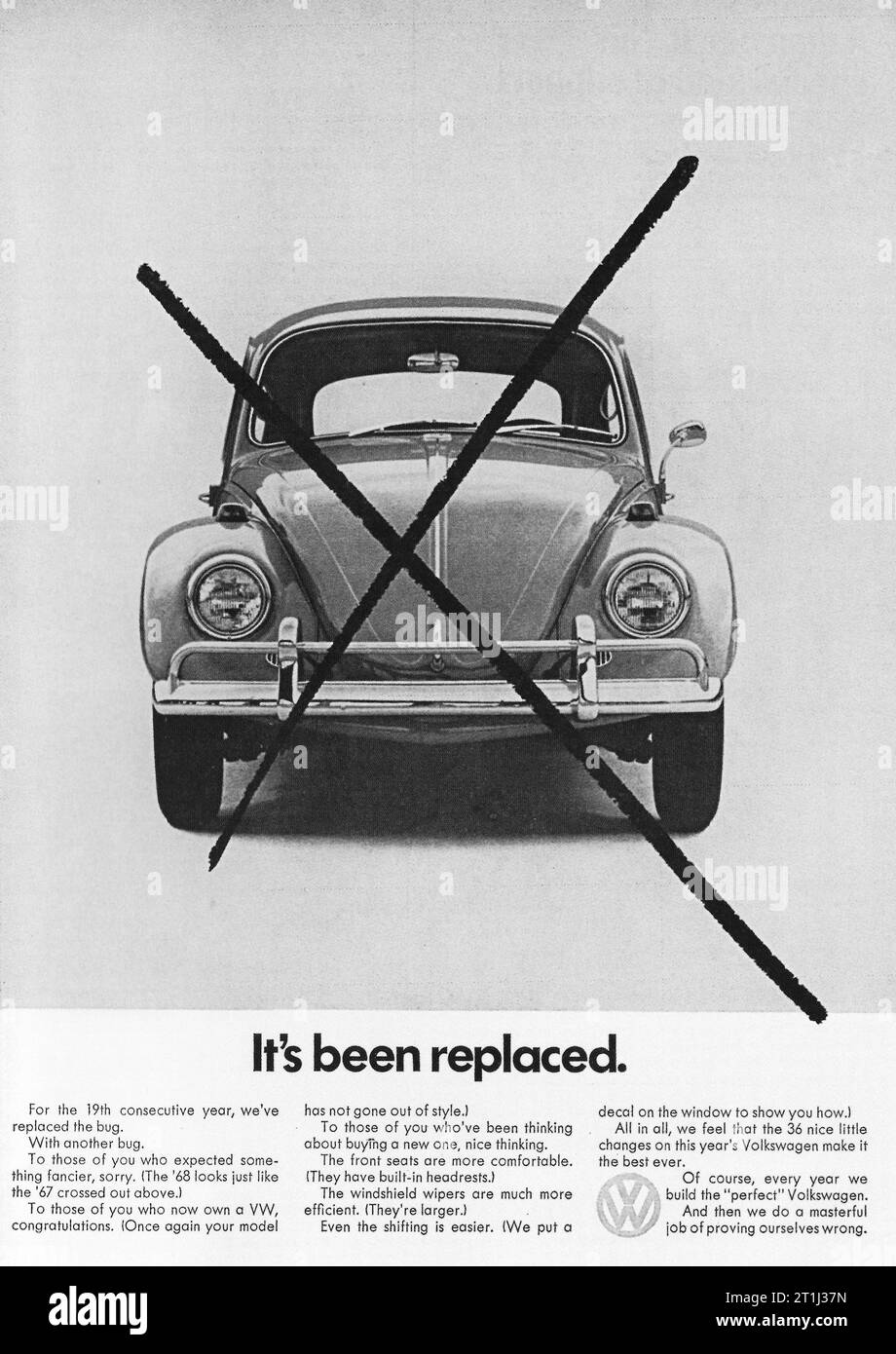 1968 Volkswagen VW Beetle Bug Ad. "It's been replaced." Created at Doyle Dane Bernbach Stock Photo