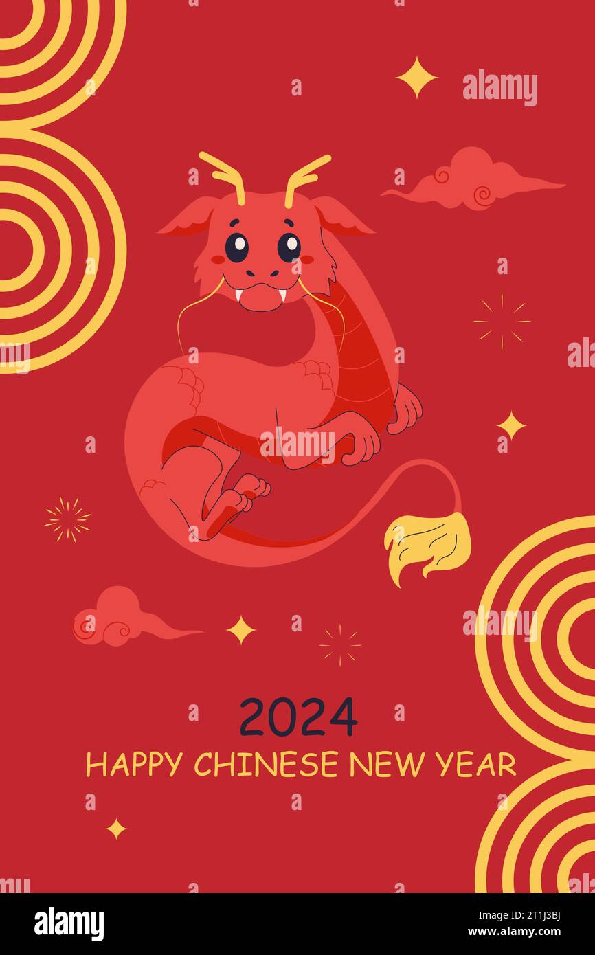 2024 postcard, banner year of the chinese dragon, cute dragon. Vector
