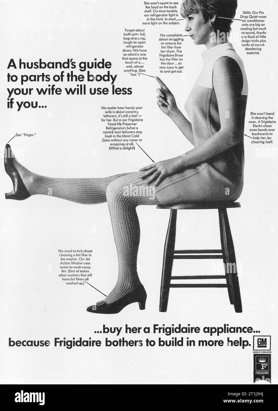 1968 Frigidaire Appliances Ad. 'A husband's guide to parts of the body your wife will use less if you...buy her a Frigidaire appliance...' Stock Photo