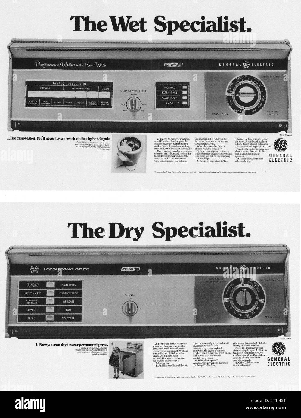 1968 General Electric Washer, General Electric Drier ads. 'The Wet Specialist' 'The Dry Specialist' Stock Photo
