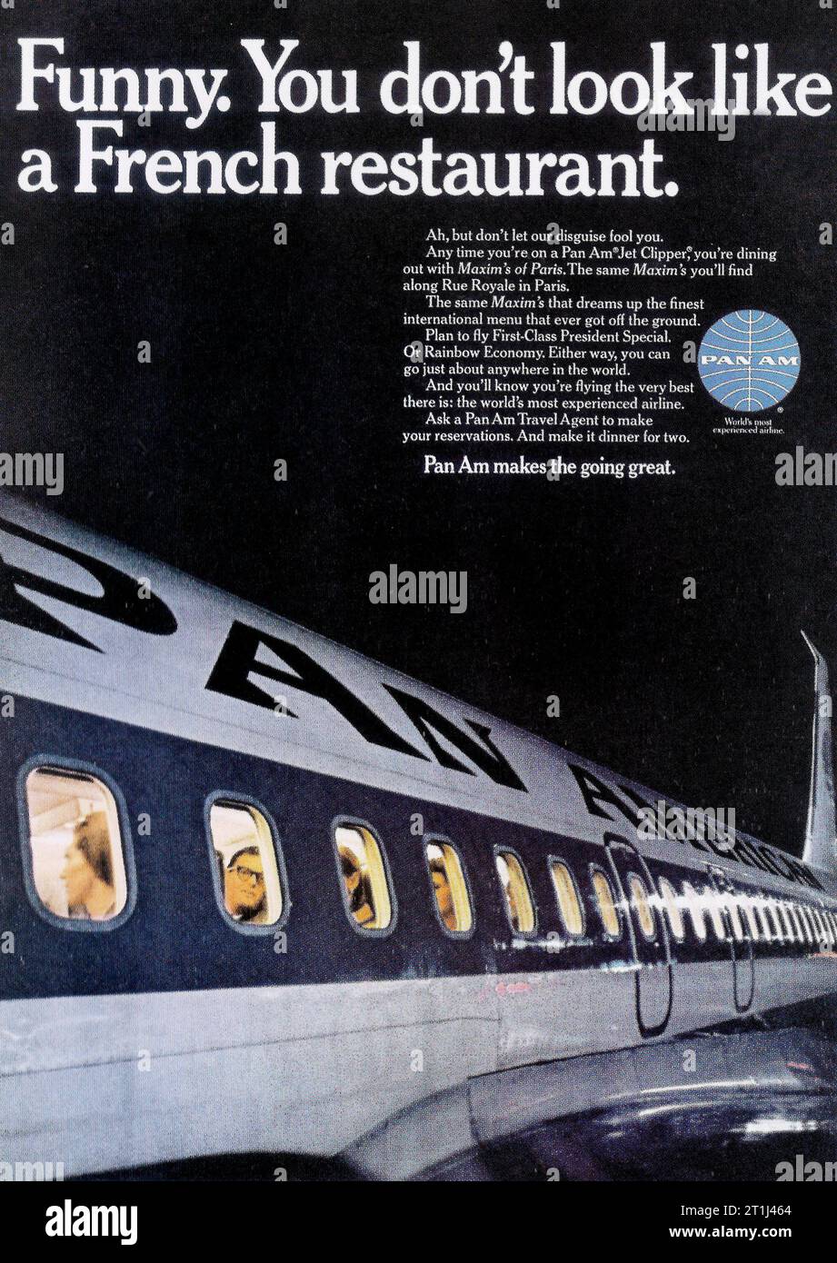 1968 Pan Am Travel Advertisement. "Funny. You don't look like a French restaurant." Stock Photo