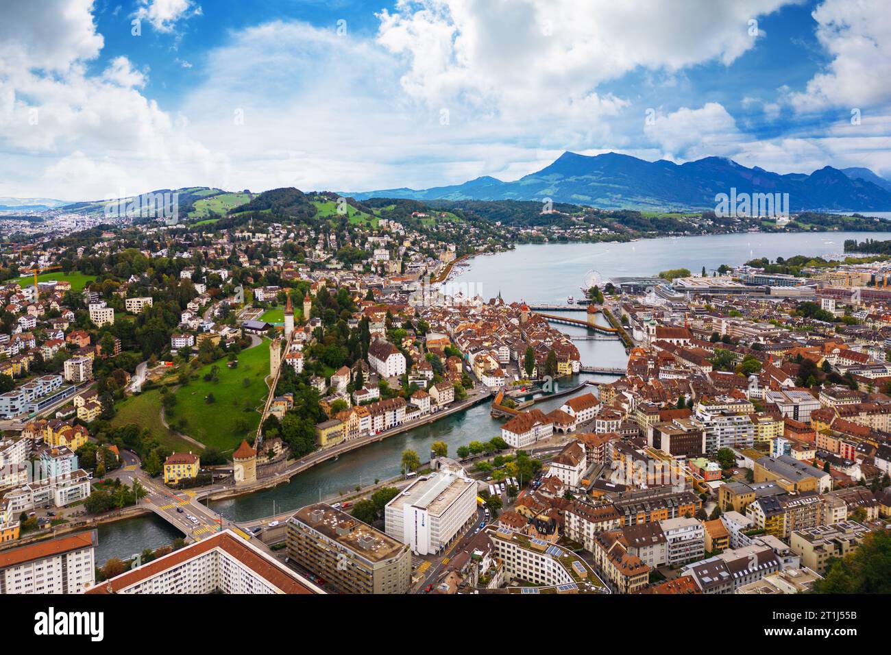Lucern, Switzerland aerial view over the Ruess River. Stock Photo