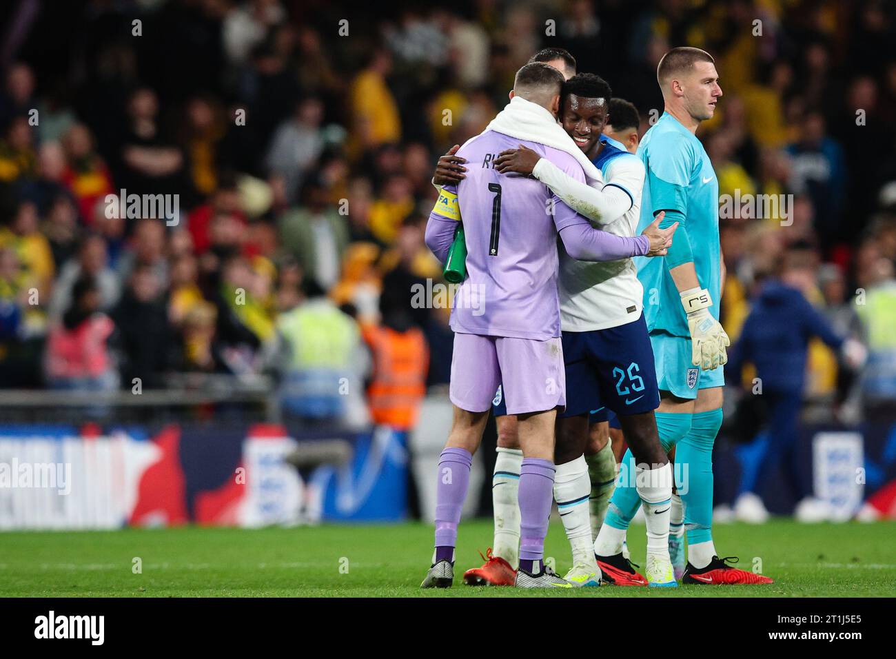LONDON, UK - 13th Oct 2023:  Eddie Nketiah of England embraces with Mathew Ryan of Australia after the international friendly match between England an Stock Photo