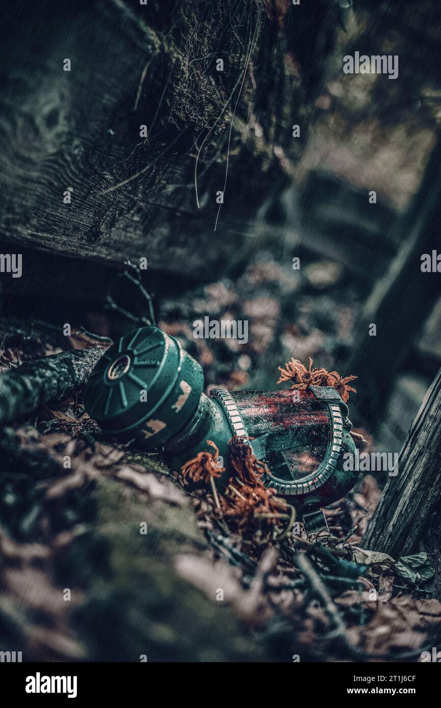 Post apocalyptic gas mask with blood spatters in rain Stock Photo