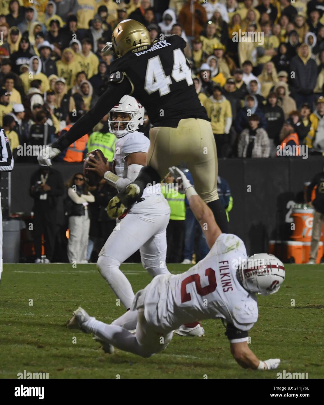 Boulder, United States. 14th Oct, 2023. Colorado's Jordan Domineck (44) leaps over Stanford's Casey Filkins (2) trying to get to Stanford's quarterback Ashton Daniels during game at Folsom Field in Boulder, Colorado on Friday, October 13, 2023. Stanford won 46-43 in overtime. Photo by Kate Benic/UPI Credit: UPI/Alamy Live News Stock Photo