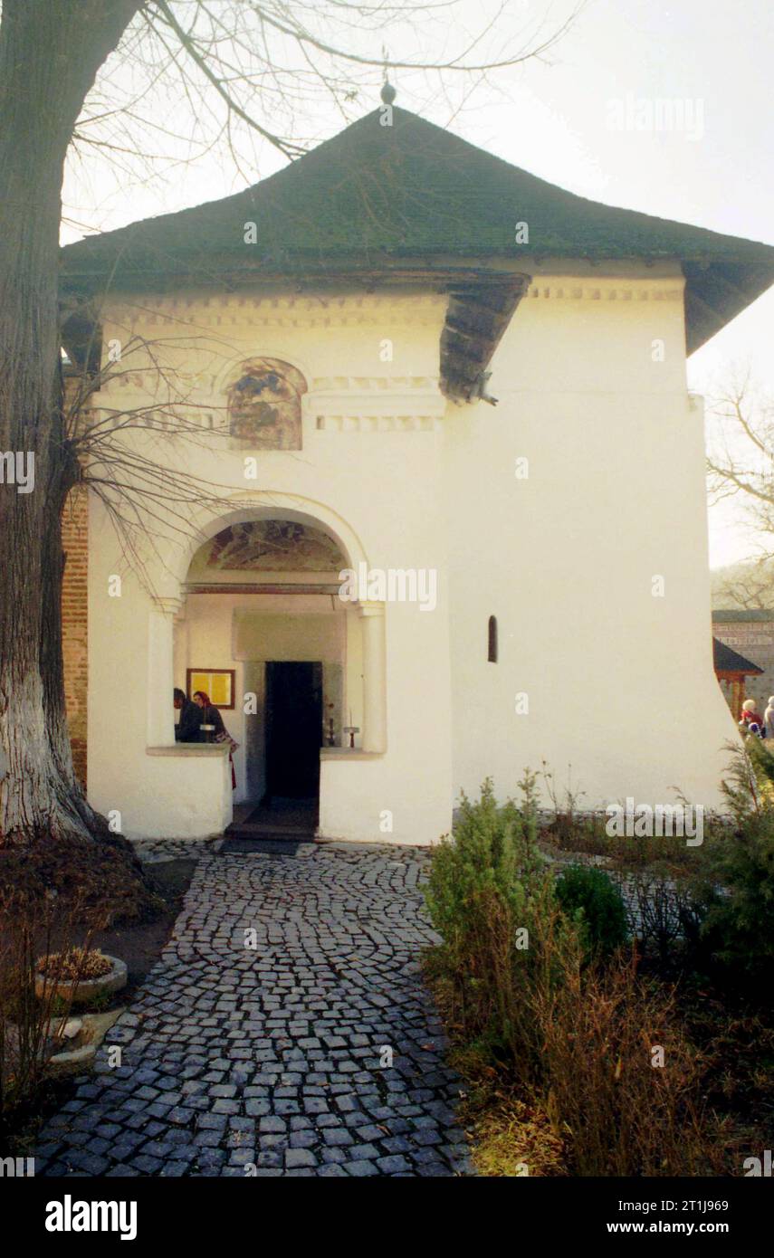 Arges County, Romania, 2000. Exterior view of 'The Annunciation' church at Cotmeana Monastery, a historical monument from the 14th century. Stock Photo