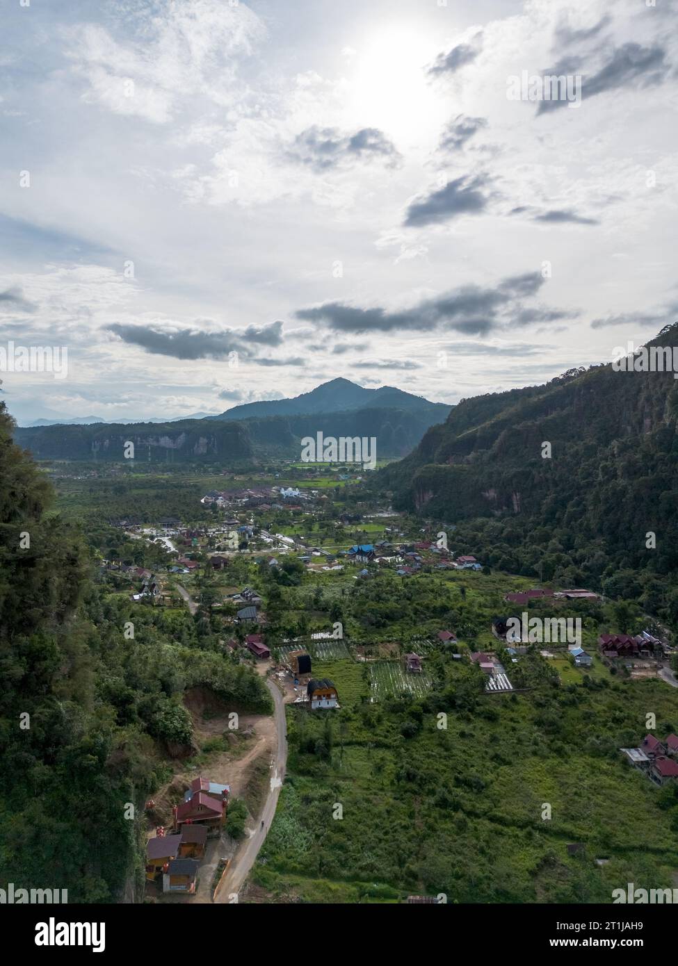 Aerial view of Harau Valley, a popular tourist spot featuring mountains