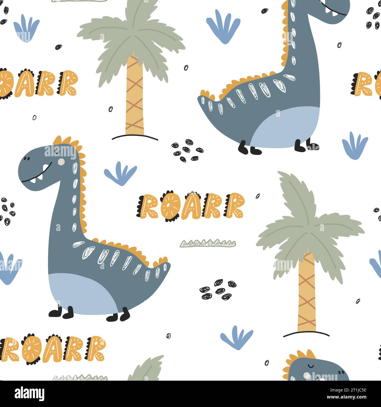 Childish seamless pattern with hand drawn dinosaurs. Creative vector ...