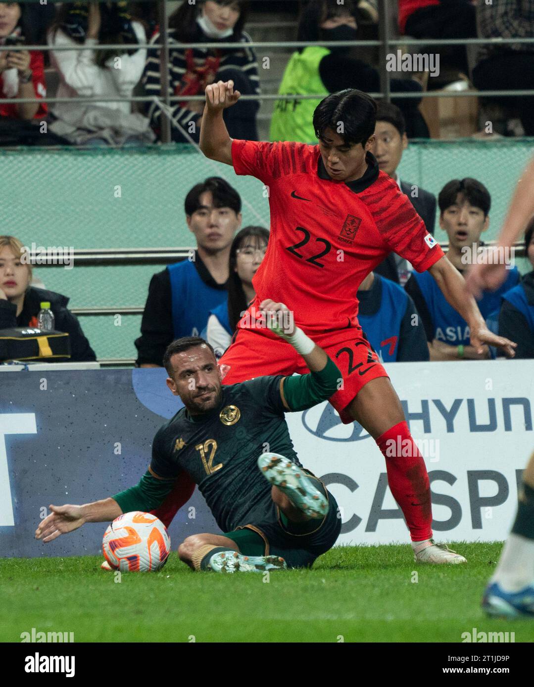 Seoul, South Korea. 13th Oct, 2023. Korean player Seol Young-woo (22), fight the ball with Ali Maaloul (12), of Tunisia during the friendly soccer match between South Korea and Tunisia at the Seoul World Cup Stadium in Seoul, South Korea on October 13, 2023. (Photo by Lee Young-ho/Sipa USA) Credit: Sipa USA/Alamy Live News Stock Photo