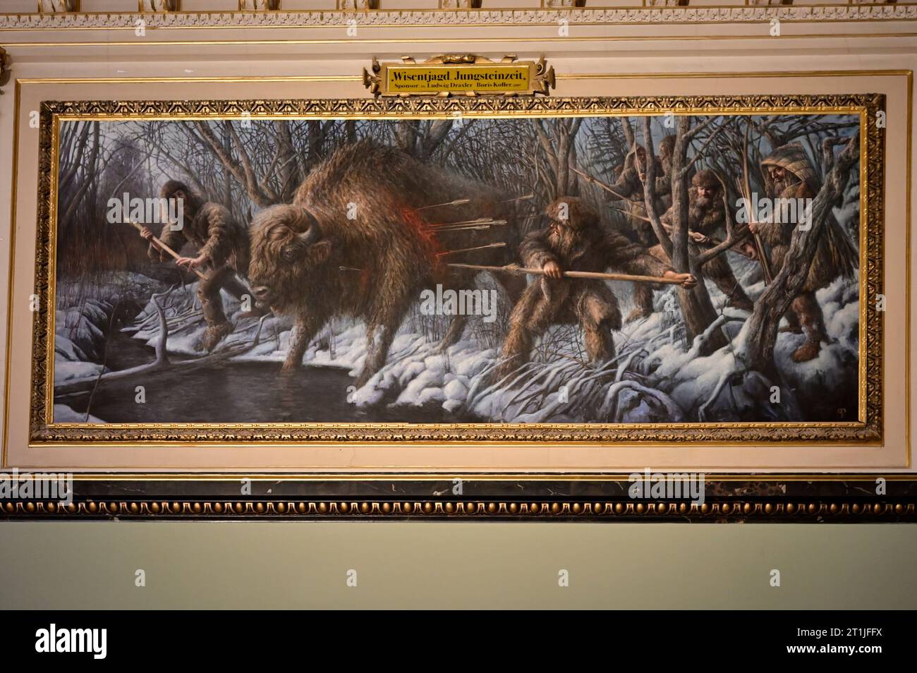 Vienna, Austria. Painting bison hunting (Bison bonasus) in the Neolithic period in the Natural History Museum Vienna Stock Photo