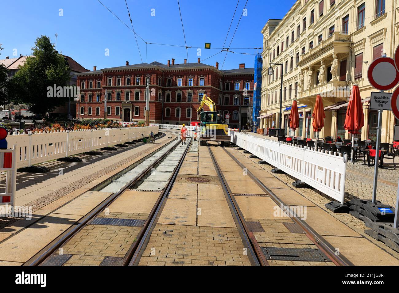 Construction site for the tram at Postplatz in Görlitz Stock Photo Alamy