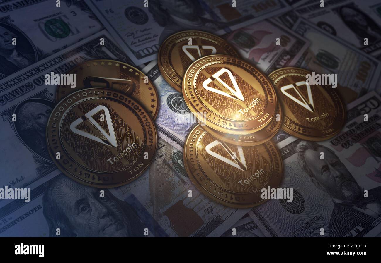 Toncoin TON cryptocurrency golden coin over Dollar banknotes. Online  payment and crypto money transaction abstract concept 3d illustration Stock  Photo - Alamy