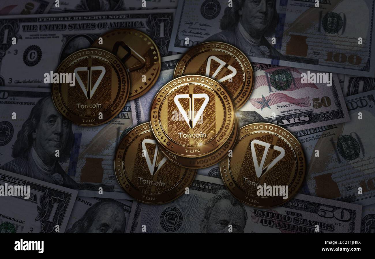 Toncoin TON cryptocurrency golden coin over Dollar banknotes. Online  payment and crypto money transaction abstract concept 3d illustration Stock  Photo - Alamy