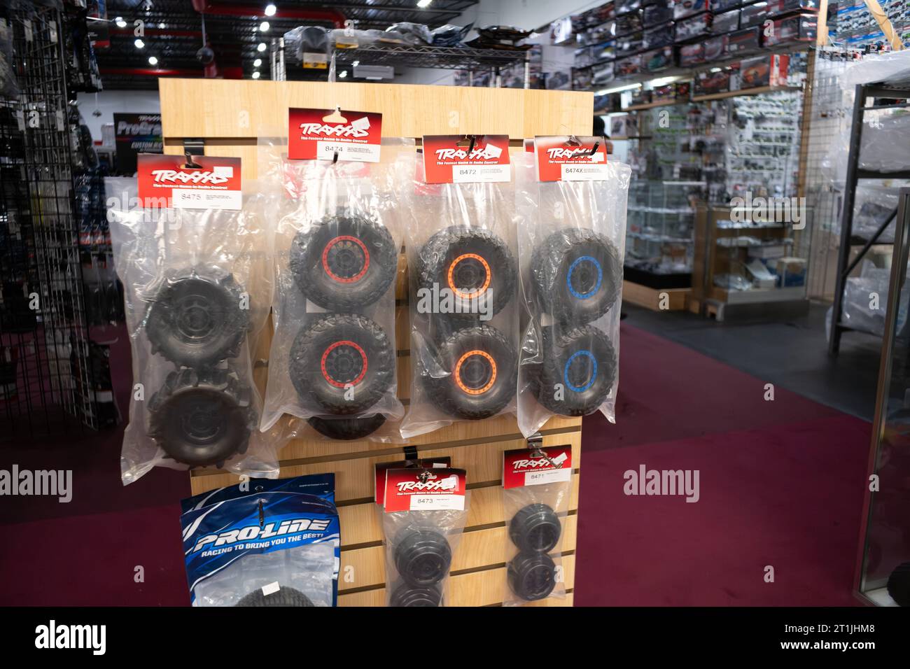 Radio controlled car and truck tires on sale at an RC specialist hobby shop Stock Photo