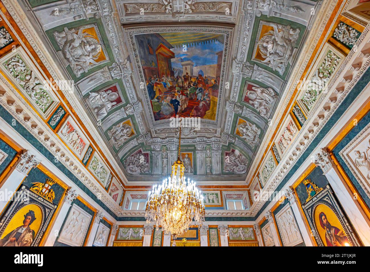 Palazzo Doria-Tursi, the Salone di Representative, ceiling fresco depicting Christopher Columbus at the Court of Spain. Genoa, Liguria, Italy. Stock Photo