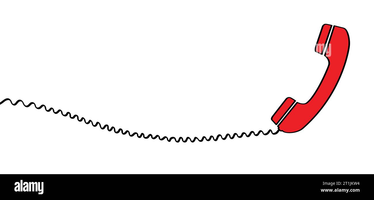 Cartoon old black handset with wire. Red, hot line telephone receivers