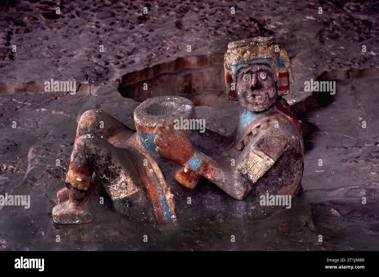 Polychrome Chac-Mool Figure at The Templo Mayor Museum -National Anthropological Museum Mexico City Polychrome Chac mool figure on display at the Museo del Templo Mayor, Mexico City Stock Photo