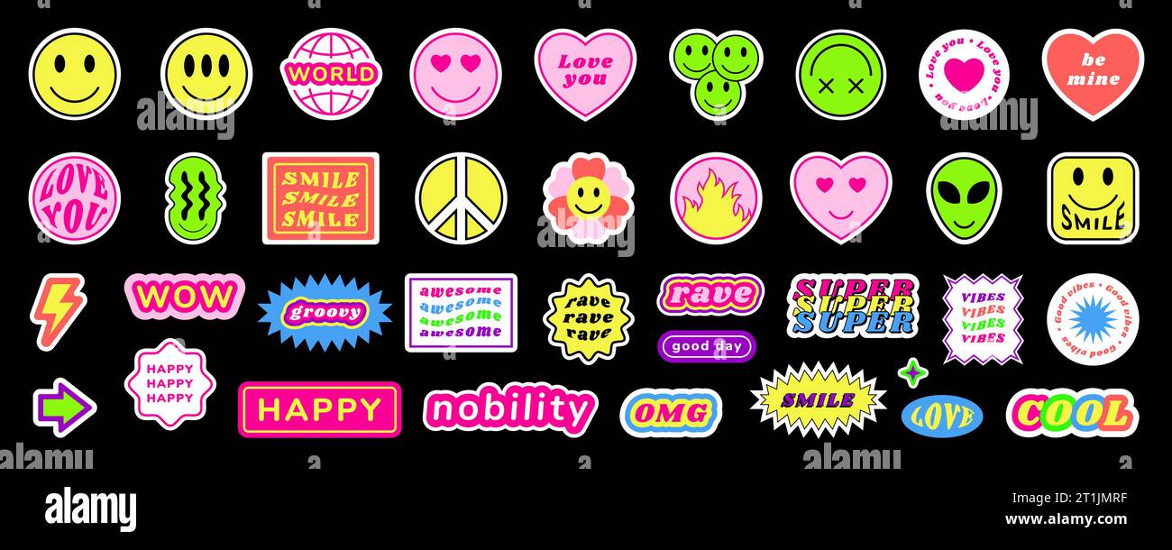 Y2K stickers. Cute smile icons. Retro emoji elements. 90s cool groovy flower. Trendy fire symbol. Love heart. Alien smiley. Rave vibes. Awesome and ha Stock Vector