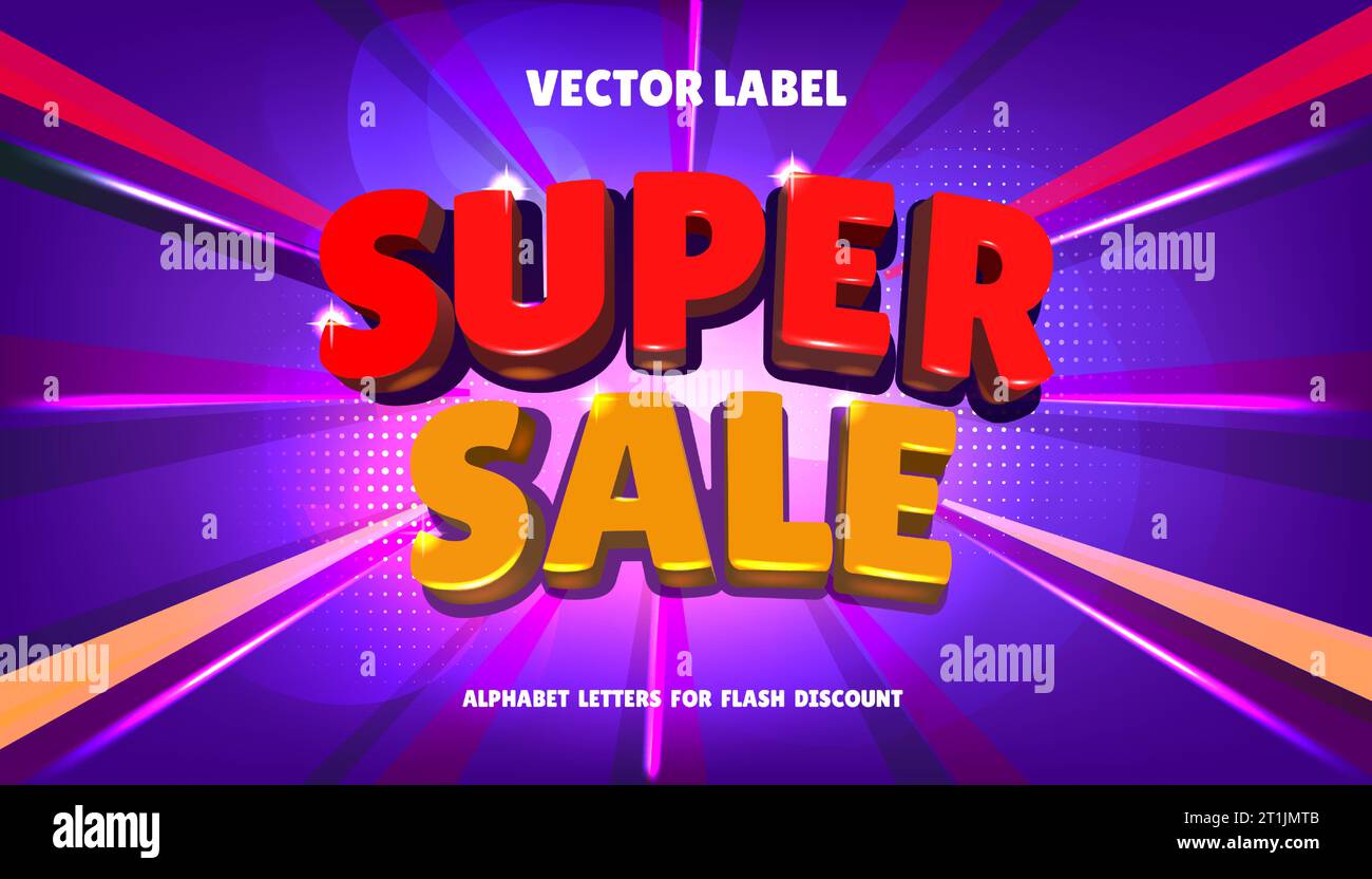 Super sale. Discount banner design. 3D text font effect. Typography