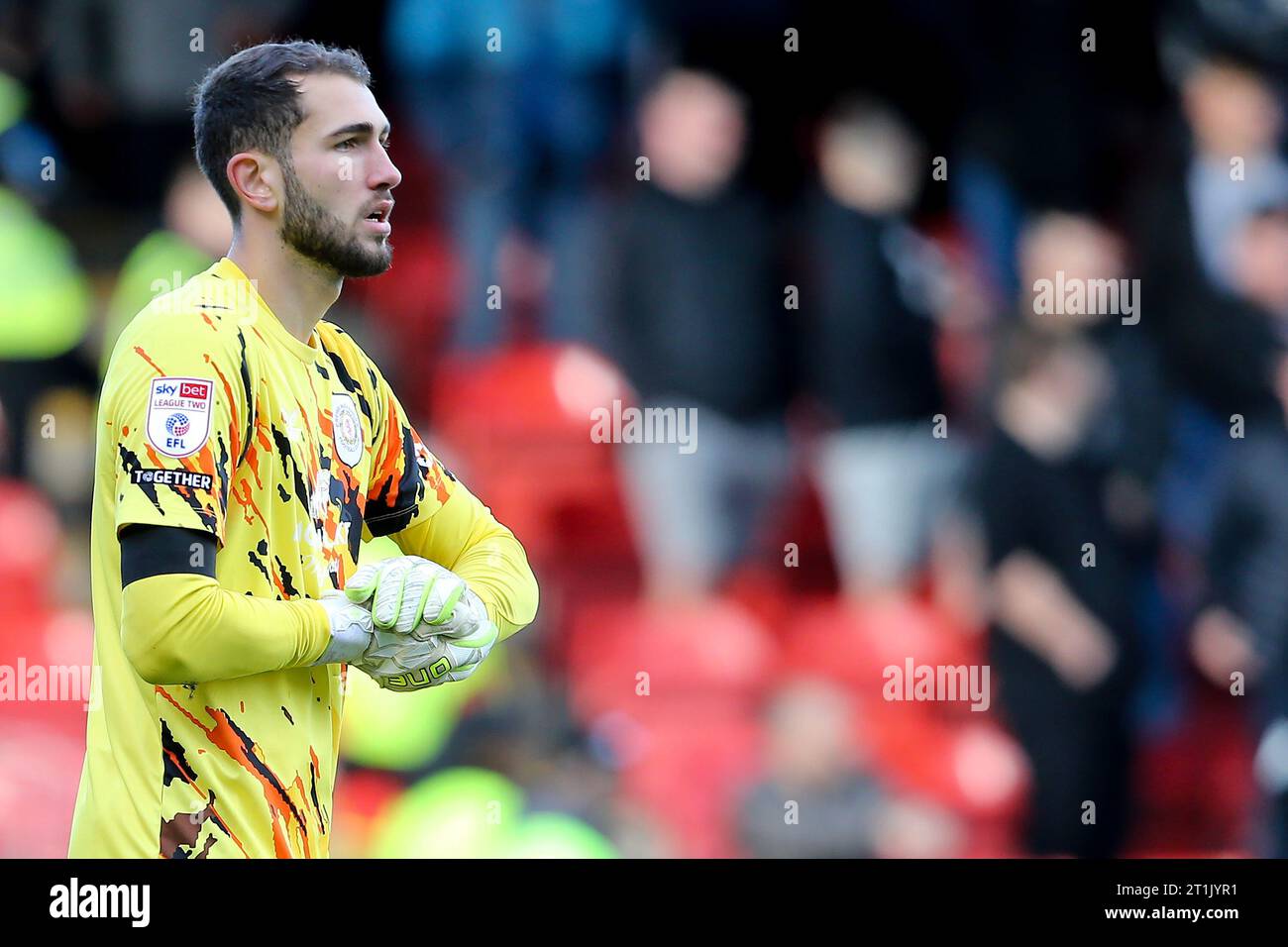 Crewe, UK. 14th Oct, 2023. Harvey Davies, the goalkeeper of Crewe Alexandra looks on. EFL Skybet Football league two match, Crewe Alexandra v Tranmere Rovers at the Mornflake Stadium in Crewe, England on Saturday 14th October 2023. this image may only be used for Editorial purposes. Editorial use only, .pic by Chris Stading/Andrew Orchard sports photography/Alamy Live News Credit: Andrew Orchard sports photography/Alamy Live News Stock Photo