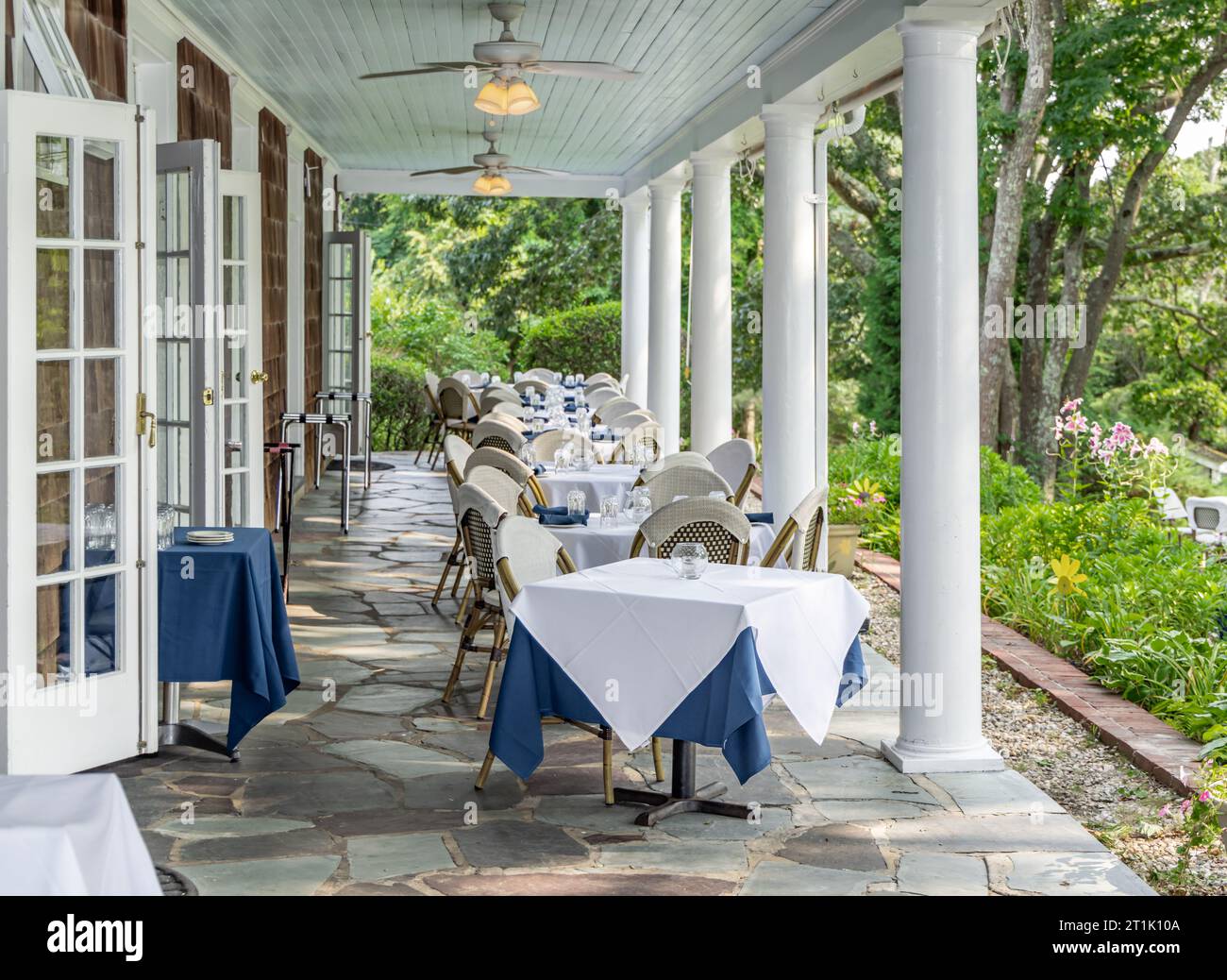 covered porch at rams head in set up for lunch Stock Photo
