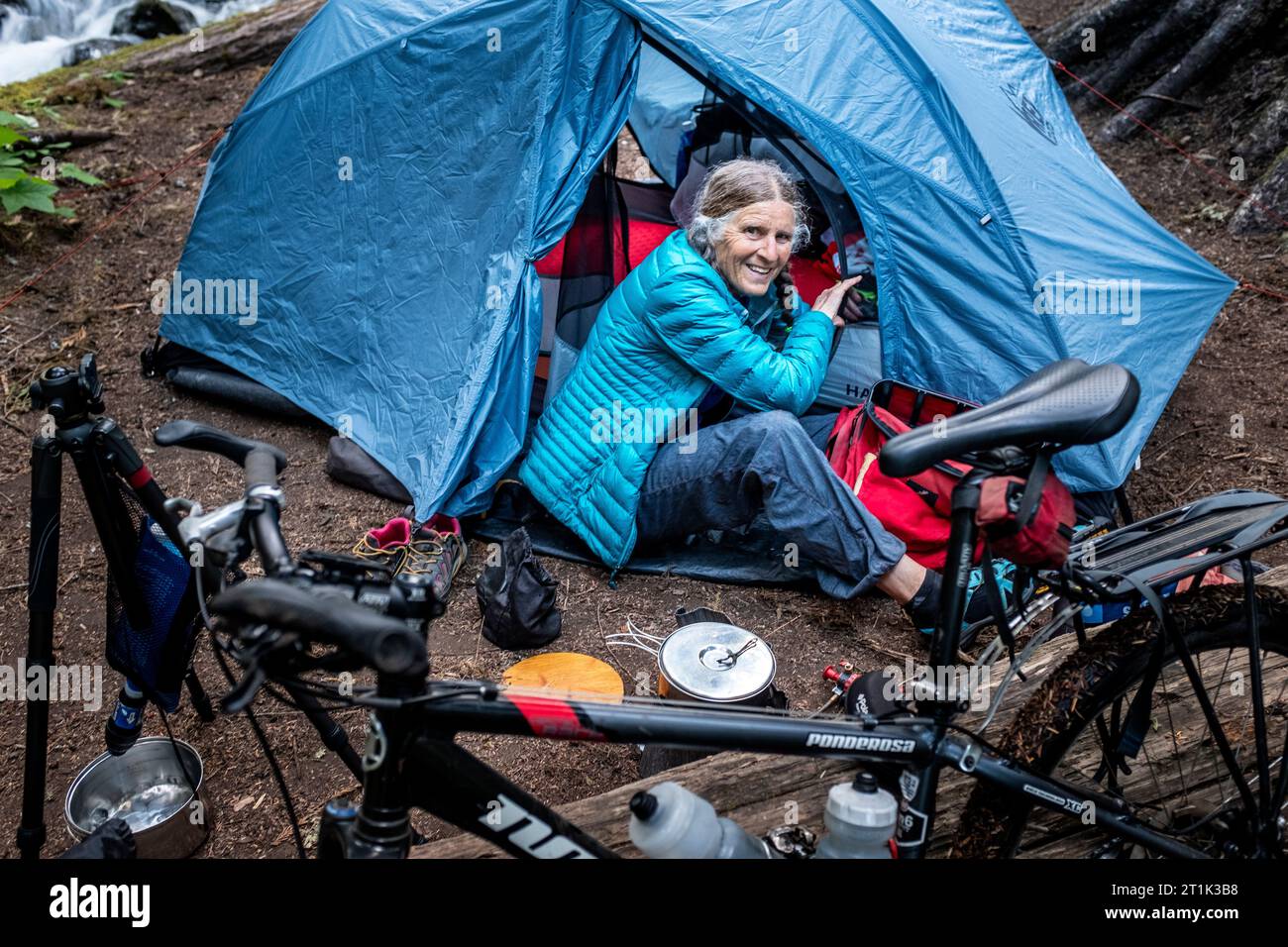 WA24560-00....WASHINGTON - Vicky spring found a nice campsite while bikepacking touring the From The Top around the Hood Canal. MR# S1. Stock Photo