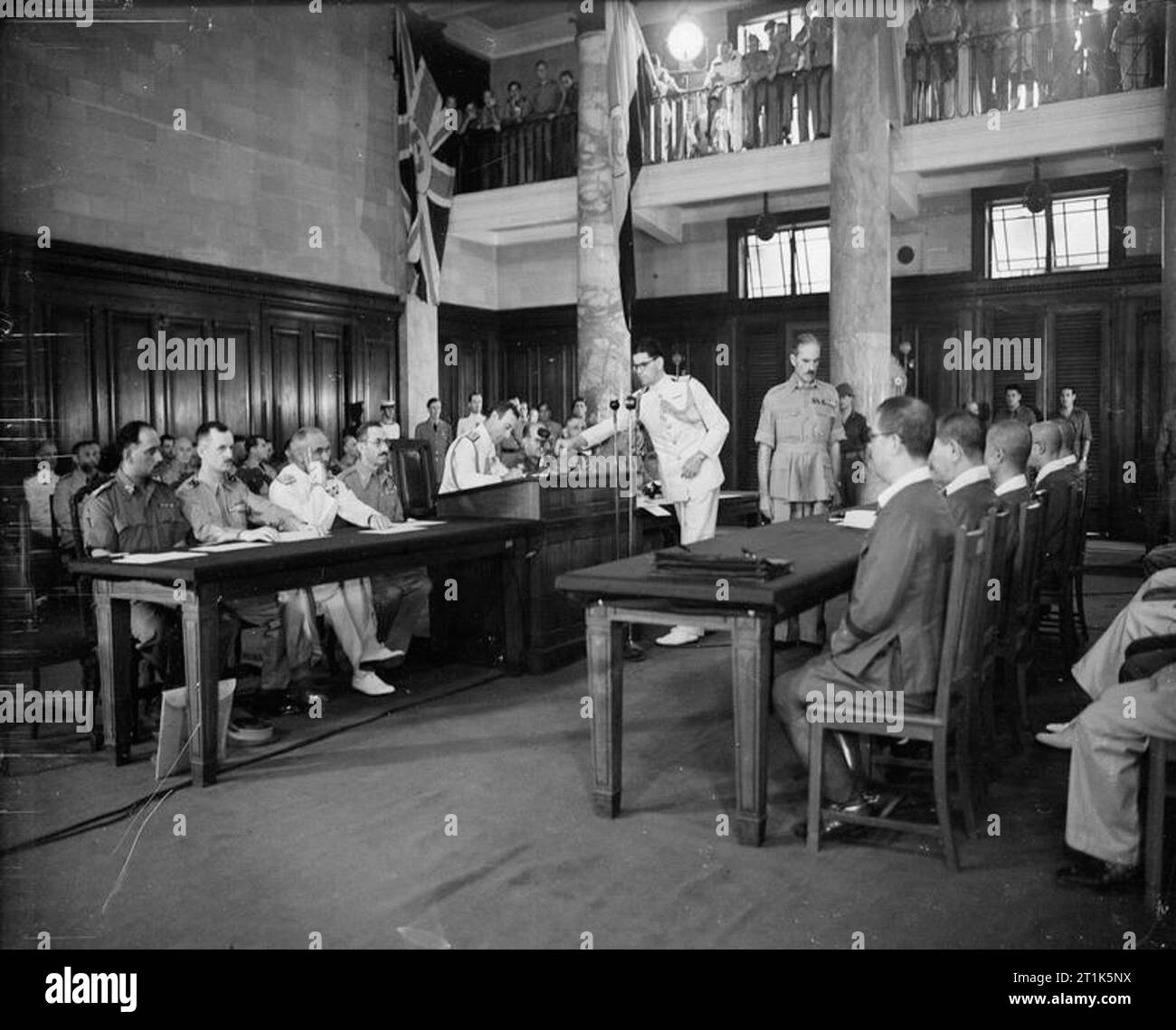 Japanese Surrender at Singapore, 12 September 1945 Admiral Lord Louis Mountbatten signs the surrender for Great Britain. Stock Photo