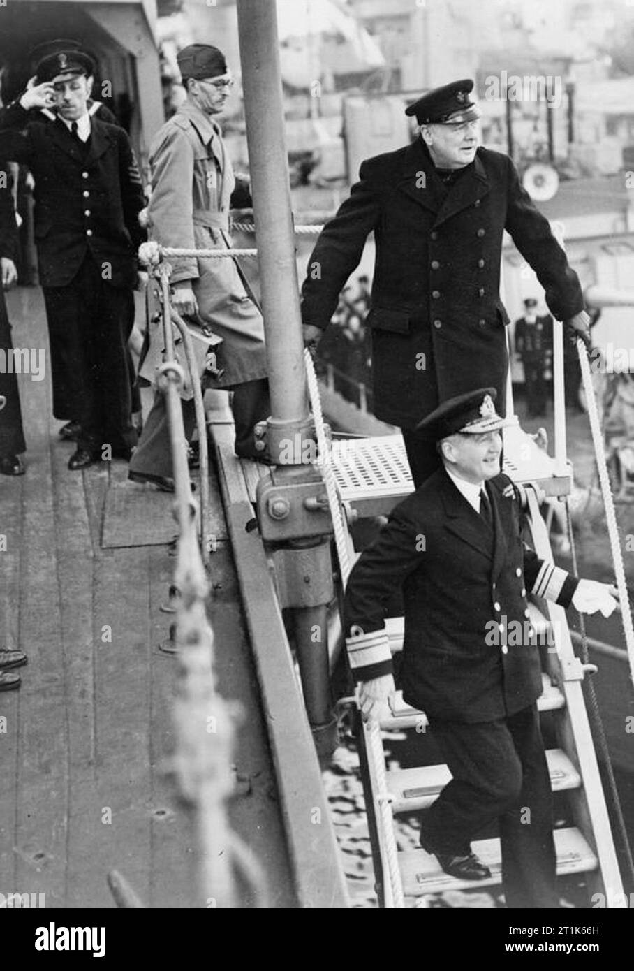 Mr Winston Churchill and Sir Stafford Cripps Visit the Home Fleet at Scapa Flow. 9-11 October 1942. The Prime Minister leaving HMS RENOWN. Stock Photo