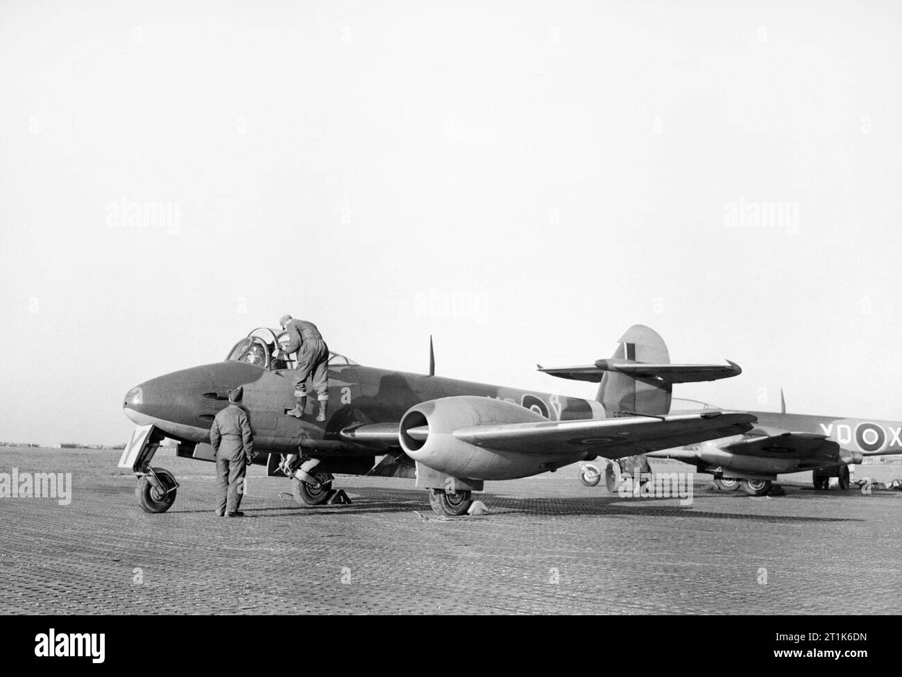 Gloster Meteor Mk Is of No. 616 Squadron RAF at Manston, Kent, 4 January 1945. Gloster Meteor Is of No 616 Squadron at Manston, 4 January 1945. The Allies' first operational turbo-jet aircraft, the Meteor entered service with No 616 in July 1944, being employed against the V-1s. Despite its revolutionary power-plant (two 1,700lb-thrust Rolls-Royce Welland engines), the Meteor I's top speed of 410mph was below that of the Tempest or Spitfire XIV. Stock Photo