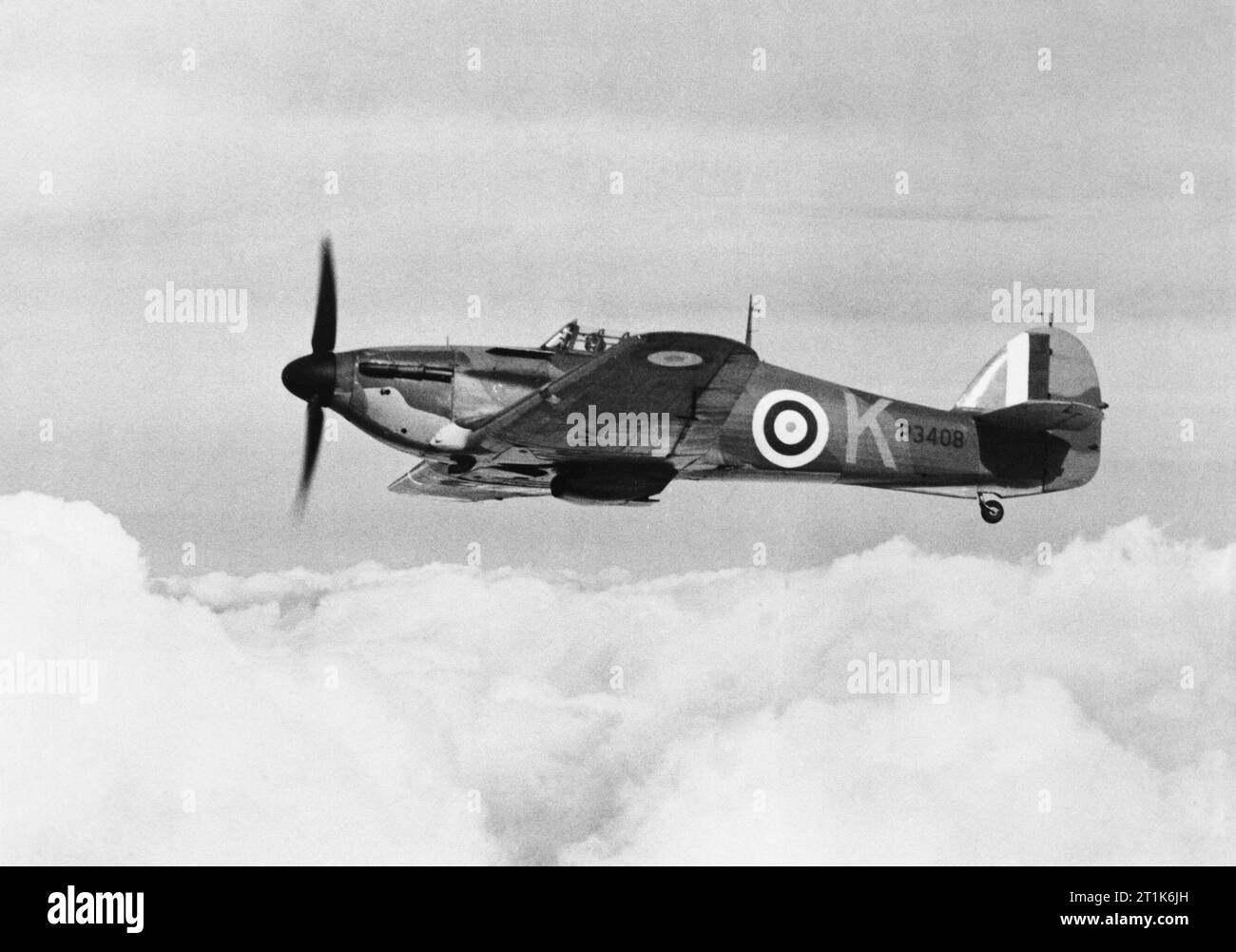 Hawker Hurricane Mk I of No. 85 Squadron RAF, October 1940. Hurricane Mark I, P3408 ?VY-K?, of No. 85 Squadron RAF based at Church Fenton, Yorkshire, in flight. Stock Photo