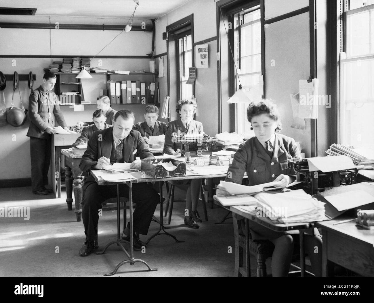 Interior of the orderly room at RAF Duxford in Cambridgeshire, with RAF ...
