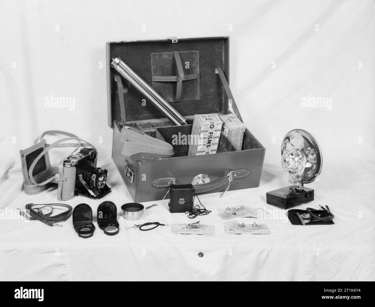Super Ikonta camera, case and accessories as issued to official War Office photographers, July 1940. Super Ikonta camera, case and accessories issued to official War Office photographers during the Second World War. Stock Photo