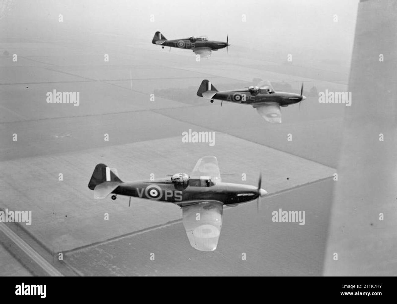 Royal Air Force 1939-1945- Fighter Command No 264 Squadron's CO, Squadron Leader Philip Hunter, leads a 'vic' of Defiants up from Kirton-in-Lindsey, early August 1940. Stock Photo