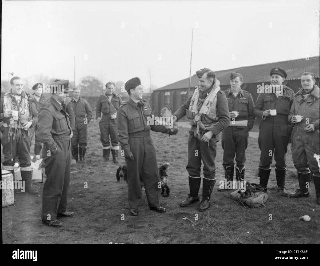Royal Air Force Bomber Command, 1942-1945. Sergeant H C Clayton, the bomb-aimer of a Handley Page Halifax 'N for Nuts', of No. 77 Squadron RAF, shows the crew's mascot 'Wakee Wakee' to Air Commodore G A Walker, Air Officer Commanding No. 42 Base, at Elvington, Yorkshire. On the left is the Station Commander of Elvington, Group Captain S S Bertram, and to Clayton's immediate right two pilots of 77 Squadron, Flight Lieutenant P M Cadman and Flight Lieutenant S E Wodehouse, both of whom were to lose their lives on bombing raids in June 1944. Stock Photo