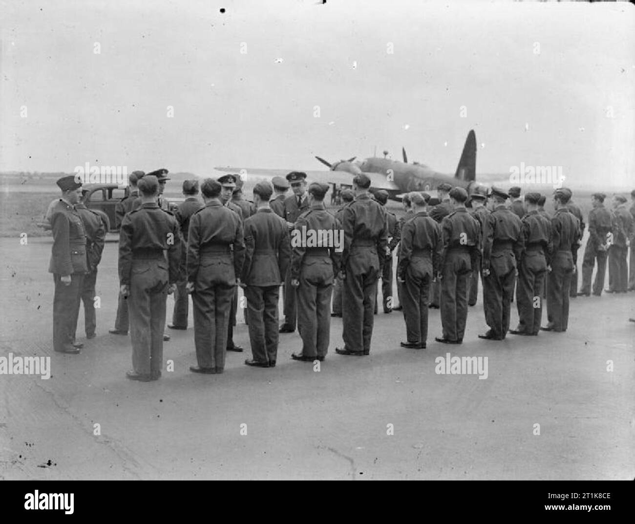 Royal Air Force Bomber Command, 1942-1945. The Duke of Kent inspecting bomber pilots and crews at Mildenhall, Suffolk, following a costly raid on Hamburg, Germany, in which 16 Vickers Wellingtons and 9 Short Stirlings were lost from No. 3 Group. Stock Photo