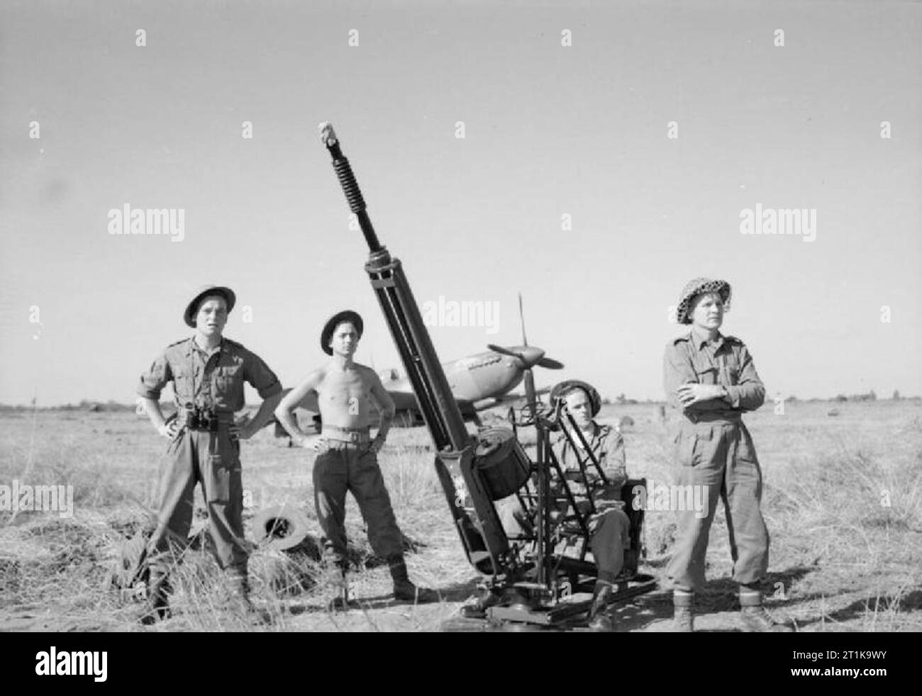 Royal Air Force Operations in the Far East, 1941-1945. The crew of a Light Anti-Aircraft Squadron of the RAF Regiment man their 20mm Hispano LAA gun at Tabingaung, Burma. They are, (left to right): Corporal J E Law of Edinburgh Leading Aircraftmen D G Cooper of Croydon F W Woods of Bury St Edmunds E Ellis of Leeds Behind them is parked a Supermarine Spitfire Mark VIII of No. 155 Squadron RAF. Stock Photo