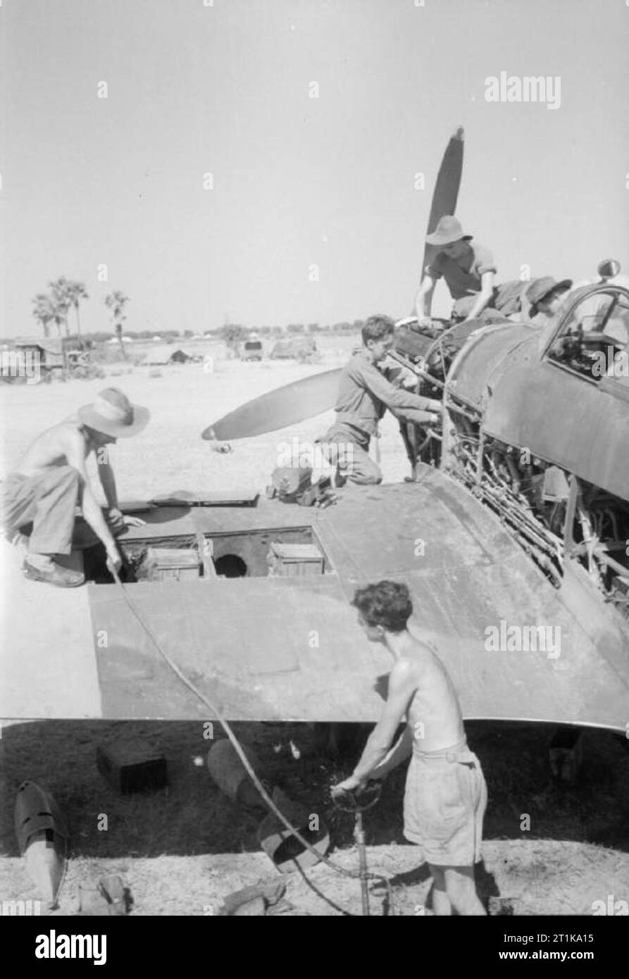 Royal Air Force Operations in the Far East, 1941-1945. Ground crew working on a 40-hour inspection of a Hawker Hurricane at a forward airfield in Central Burma. They are (left to right): Leading Aircraftmen I Lillington of Chard, Somerset, H Wollet of Nelson, Lancashire, W Miller of Bridport, Dorset and R Francis of Woollington, Surrey. Stock Photo