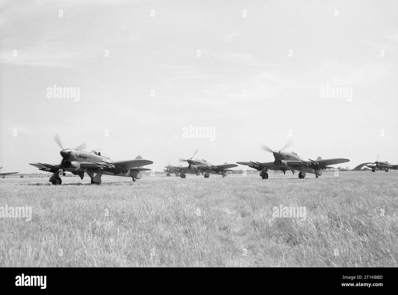 Royal Air Force- 2nd Tactical Air Force, 1943-1945. Hawker Typhoon Mark IBs of No, 164 Squadron RAF, ready to take off from Thorney Island, Hampshire, to attack radar sites on the Normandy coast. Stock Photo