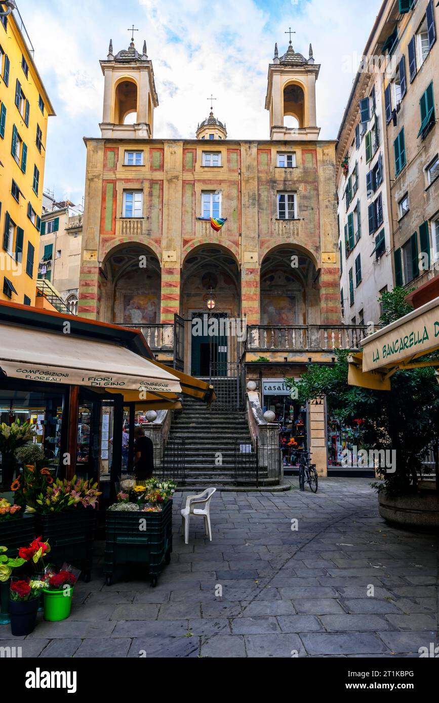 The church of San Pietro in Banchi is a religious building in the historic center  (Piazza Banchi) of Genoa. Piazza Banchi, in the Molo district. Ligu Stock Photo