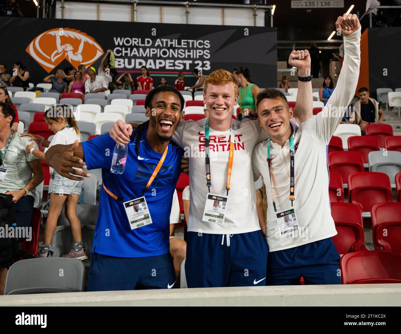 Alex Haydock-Wilson, Charles Dobson and Joe Brier of Great Britain celebrate after there team win silver in the mixed 4x400m relay at the World Athlet Stock Photo