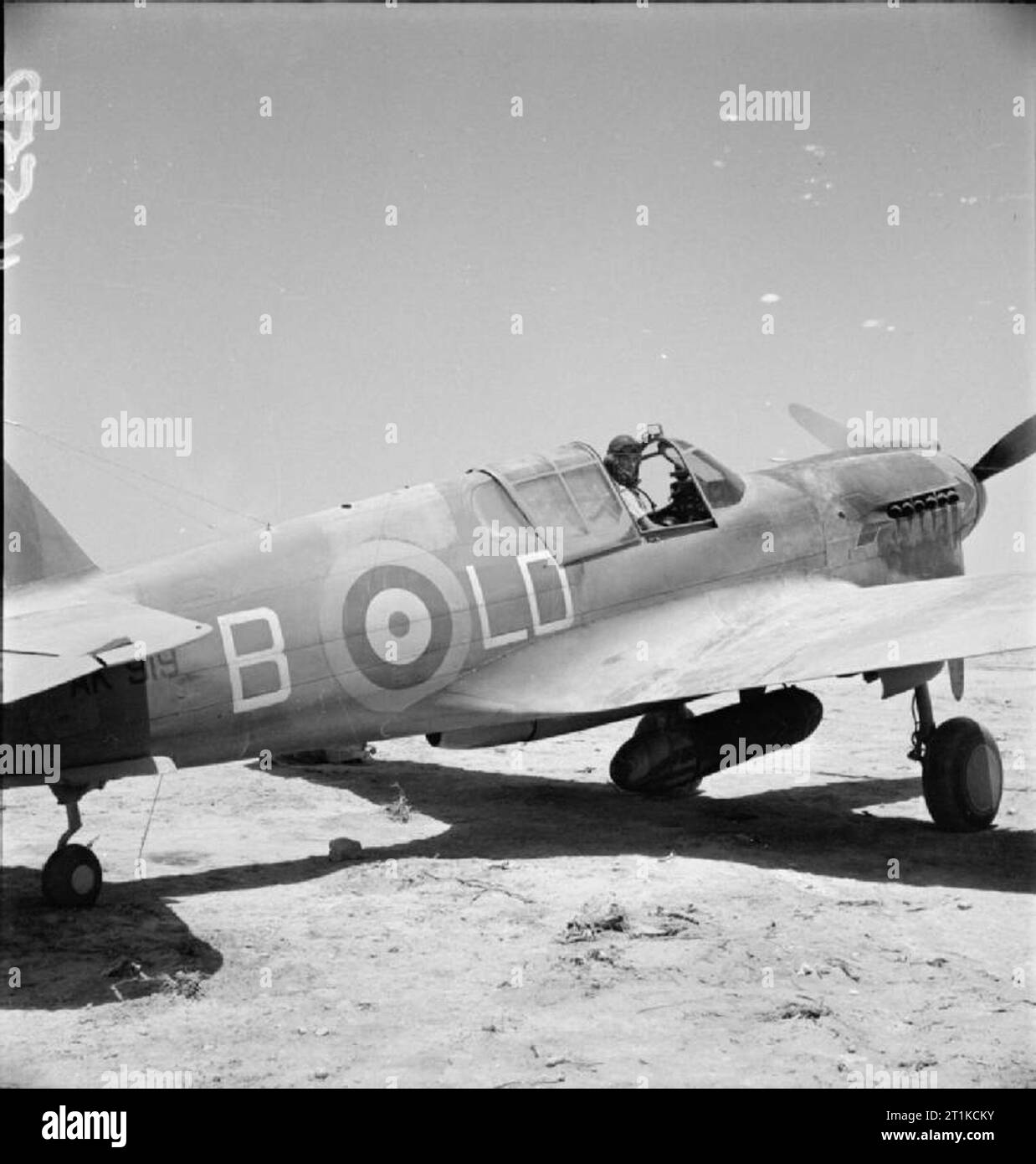 Royal Air Force- Operations in the Middle East and North Africa, 1940-1943. Squadron Leader M T Judd, Officer Commanding No. 250 Squadron RAF, sitting in the cockpit of Curtiss Kittyhawk Mark I, AK919 'LD-B', at LG 91, Egypt. It was in this aircraft that Judd shot down a Junkers Ju 87 over LG 21 on 8 July 1942, and damaged another on 19 July. Note the red arrow unit marking over the exhaust stubs on the engine cowling. Stock Photo