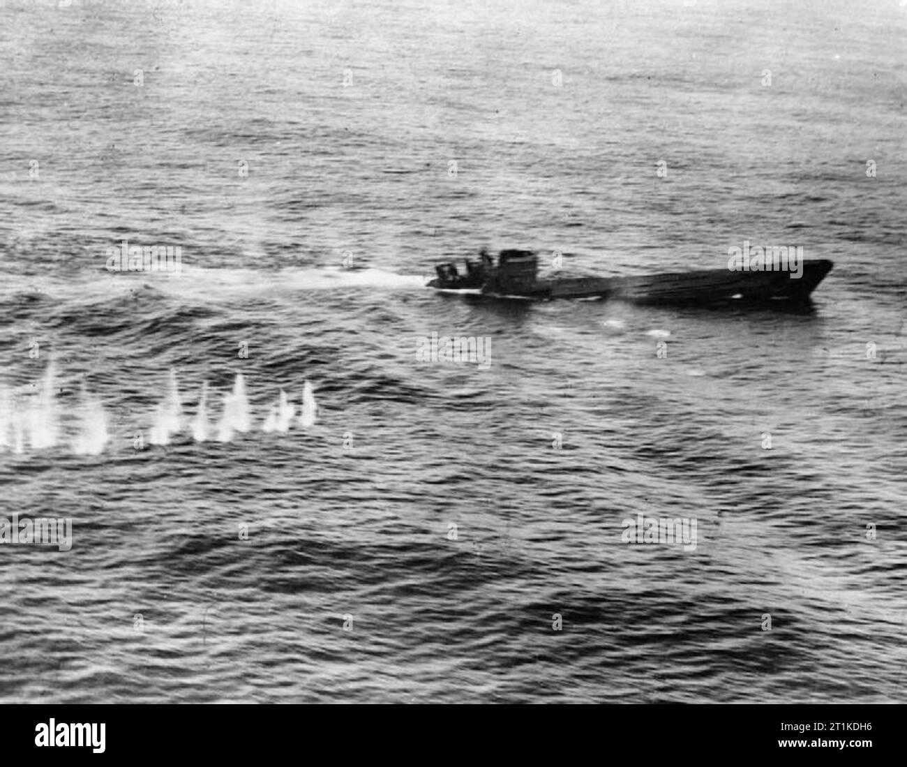 U-boat Warfare 1939-1945 U-boat Losses: U 426 a Type VIIC submarine, down by the stern and sinking, after attacks by a Short Sunderland flying boat. Stock Photo