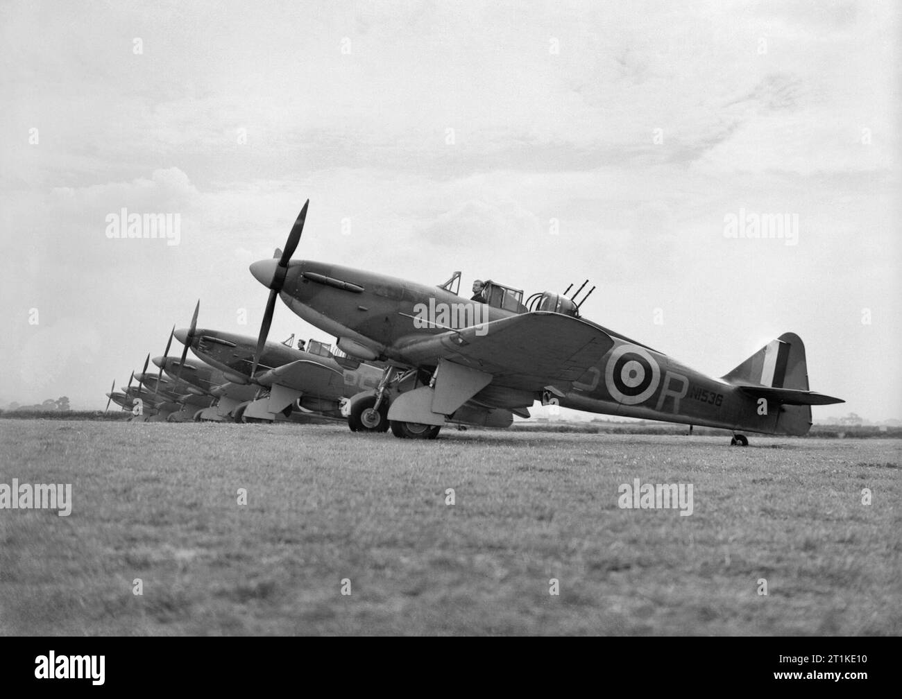 Aircraft of the Royal Air Force, 1939-1945- Boulton Paul P.82 Defiant. Defiant Mark Is, (N1536, &#145;PS-R&#146; nearest), of No. 264 Squadron RAF, lined up at Kirton-in-Lindsey, Lincolnshire. Stock Photo