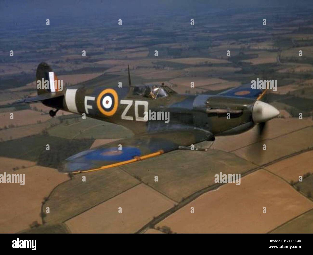 A Royal Air Force Spitfire Mark VB (AD233, 'ZD-F') being flown by the Commanding Officer of No. 222 Squadron RAF, Squadron Leader Richard Milne, when based at North Weald, Essex (RAF). On 25 May 1942, AD233 was shot down by German Focke Wulf Fw 190s over Gravelines (France), while being flown by Squadron Leader Jankiewicz. This particular Spitfire was part of the Spitfire Fund raising from the Dutch East Indies. On the left side it carried the presentation name 'West Borneo I' Stock Photo