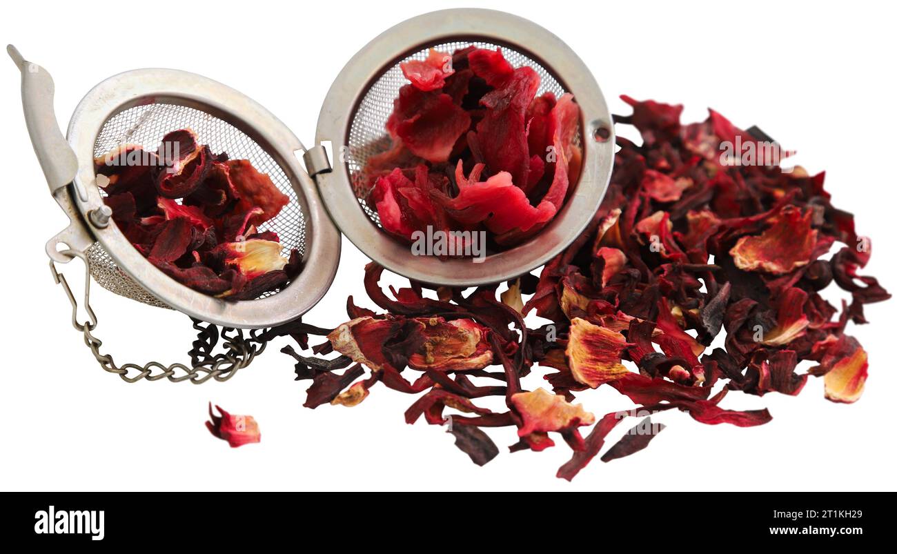 Roselle tea with strainer isolated Stock Photo