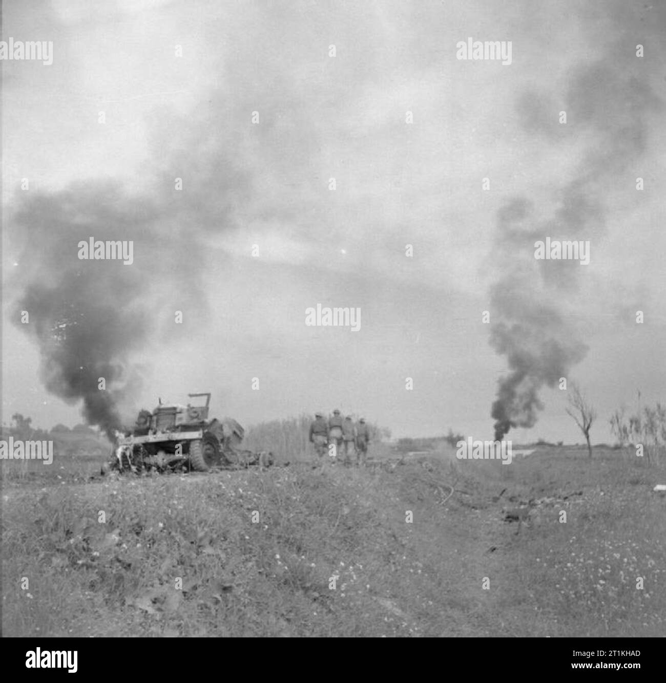 The British Army in Italy 1943 The wreckage of supply vehicles hit during an enemy air attack in the Sangro valley, 29-30 November 1943. Stock Photo